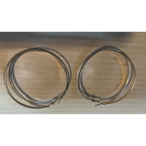 Pair of Double Hoop Silver Tone & Glittery Tone 3" Dressy Evening Earrings - Picture 3 of 3